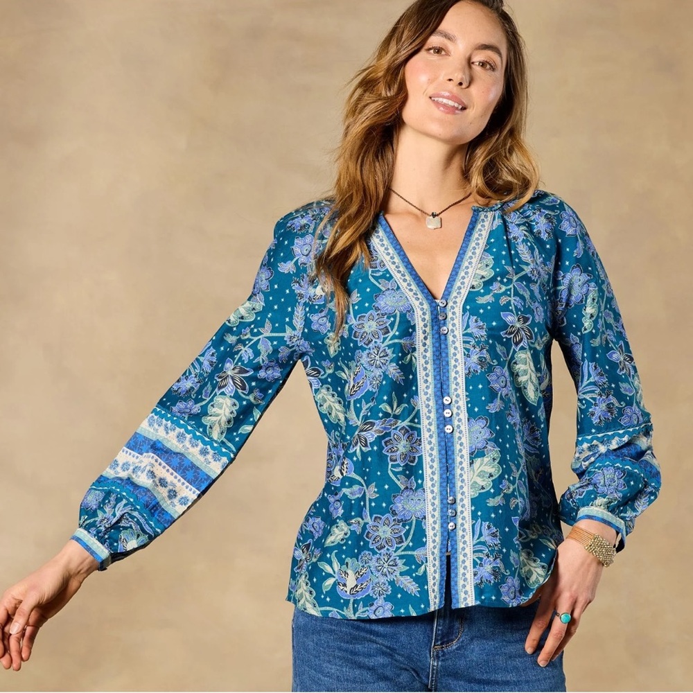 Sundance ‘Arvilla’ blue cobalt v-neck long sleeve floral boho blouse Small NEW